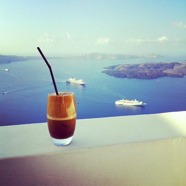Coffee with caldera view on Santorini island