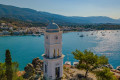 The iconic clock tower in the town of Poros